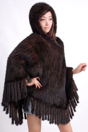 Hooded Mink Fur Knitted Cape