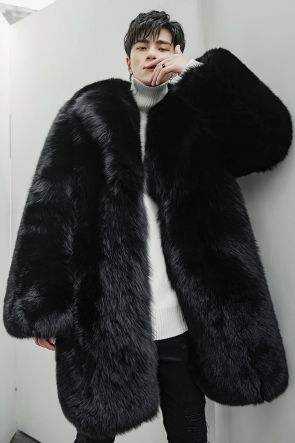 Men's Fox Fur Black Long Coat