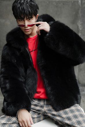 Men's Fox Fur Hooded Black Coat