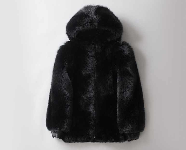 Men's Fox Fur Black Hooded Zip Coat 0008-4