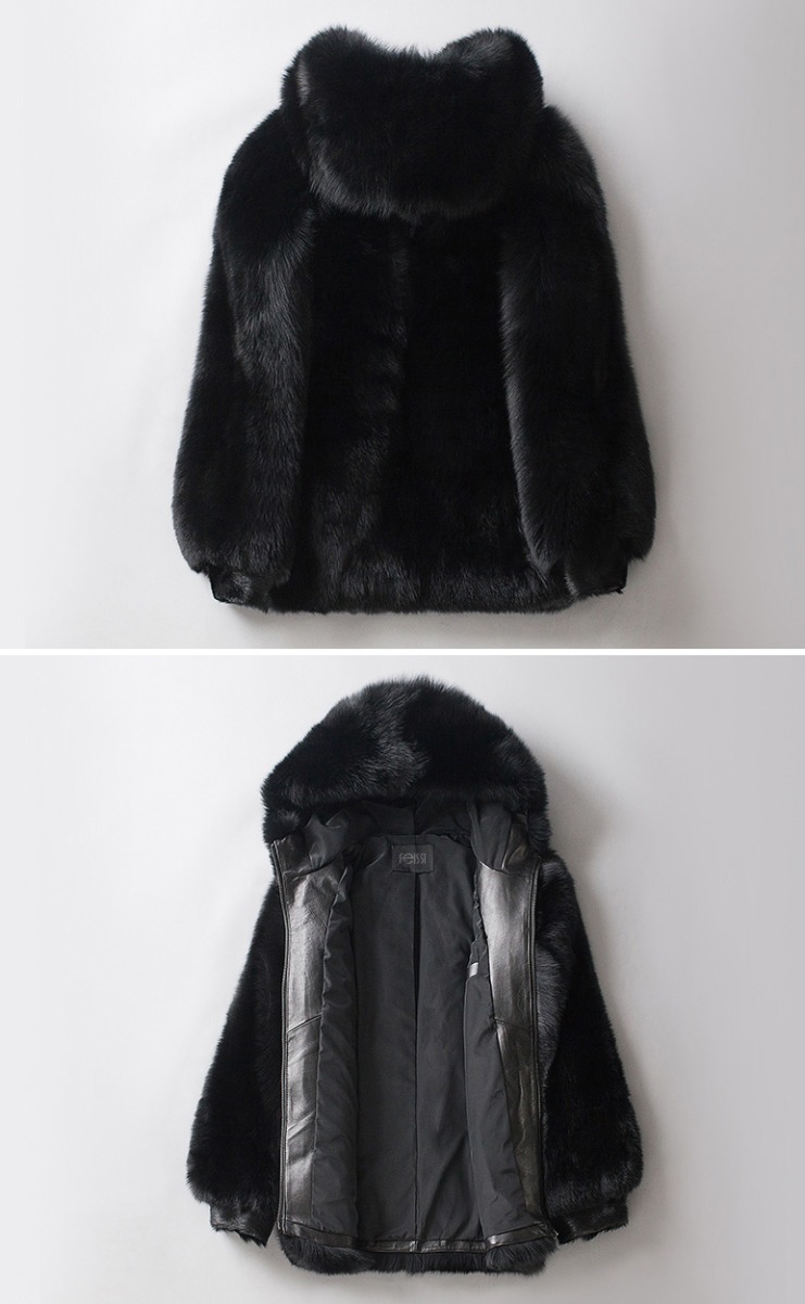 Men's Fox Fur Black Hooded Zip Coat 0008-5