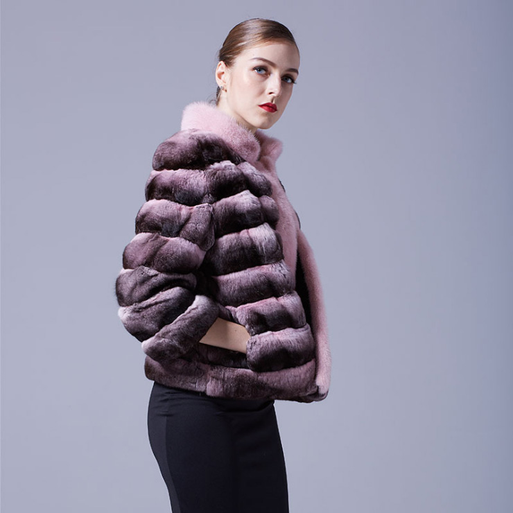 Cropped Chinchilla Fur Jacket with Mink Fur Trimming 026 Details 4