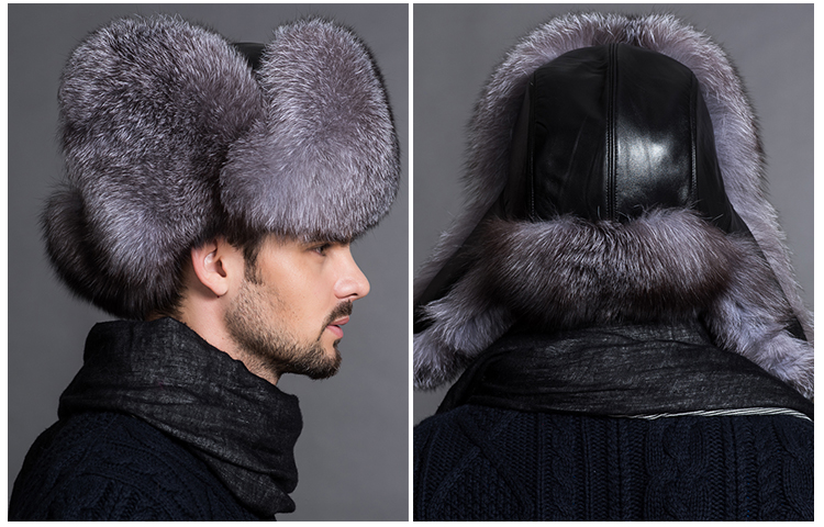 Men's Silver Blue Fox Fur Trapper Hat 870 Details 1